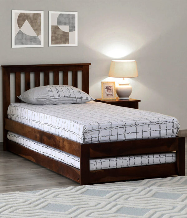 Ova Sheesham Wood Single Bed with Trundle (Provincial Teak Finish)