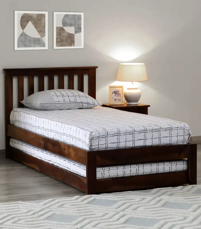 Ova Sheesham Wood Single Bed with Trundle (Provincial Teak Finish)