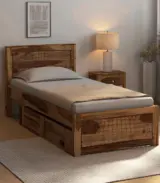 Newvo Sheesham Wood Single Bed with Drawer Storage (Rustic Teak Finish)