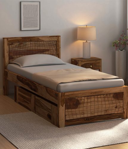Newvo Sheesham Wood Single Bed with Drawer Storage (Rustic Teak Finish)