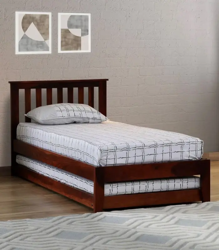 Ova Sheesham Wood Single Bed with Trundle (Honey Oak Finish)