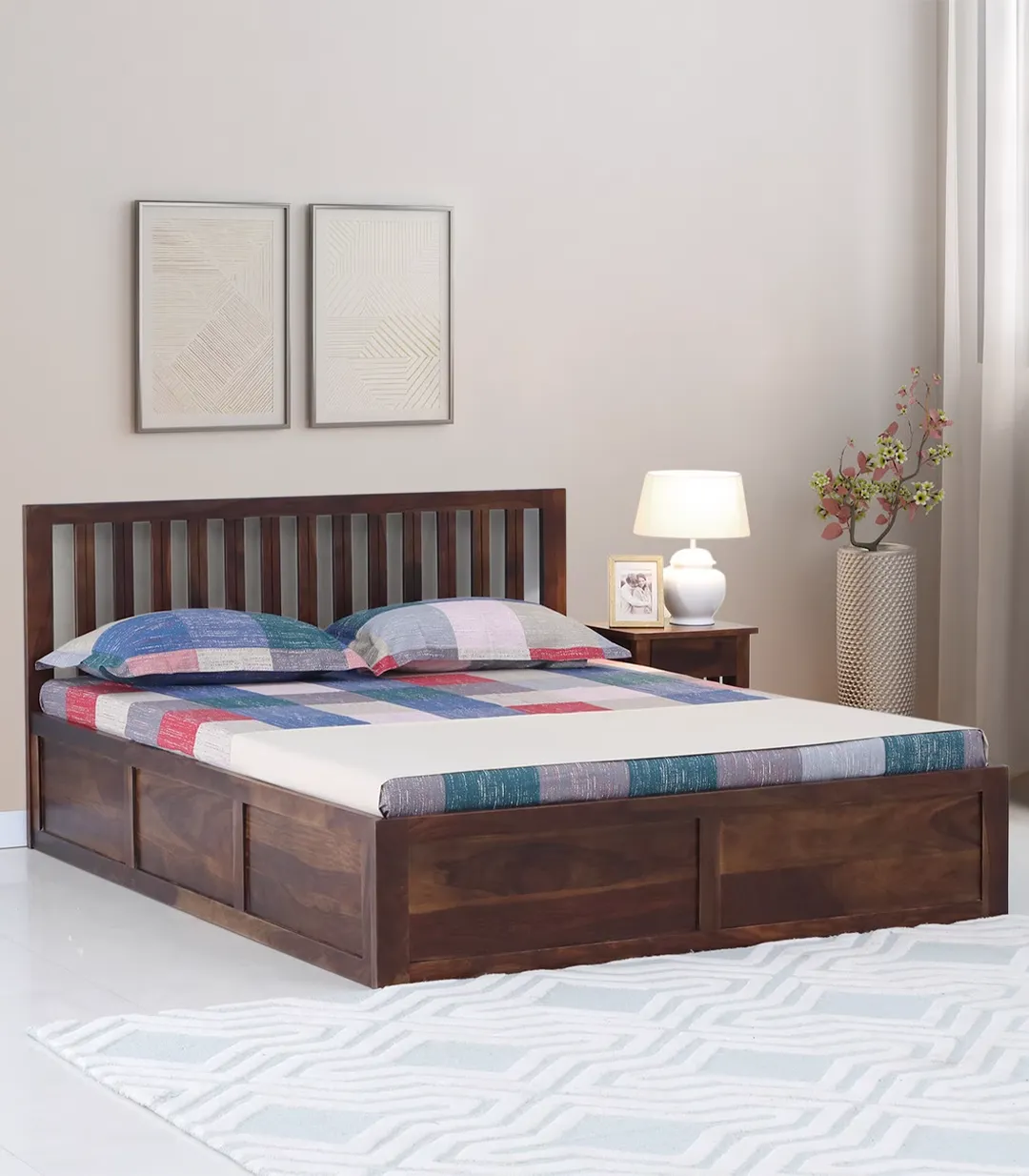 a-14 Eyva Sheesham Wood King Size Bed with Box Storage (Provincial Teak Finish)