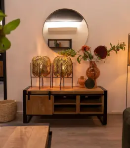 Dominiqual Solid Mongo Wood with Metal Frame Floor Standing TV Unit (Natural Finish)