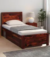 Sougur Sheesham Wood Single Bed with Drawer Storage (Honey Oak Finish)