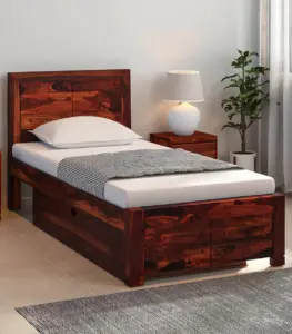 Sougur Sheesham Wood Single Bed with Drawer Storage (Honey Oak Finish)