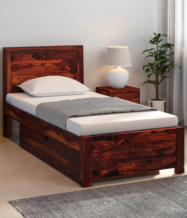 Sougur Sheesham Wood Single Bed with Drawer Storage (Honey Oak Finish)