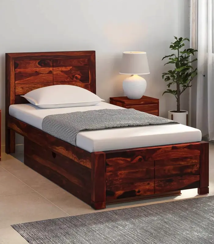 Sougur Sheesham Wood Single Bed with Drawer Storage (Honey Oak Finish)