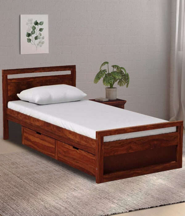 Avyan Sheesham Wood Single Bed with Drawer Storage (Provincial Teak Finish)