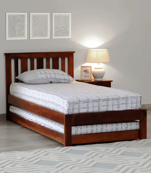 Froya Sheesham Wood Single Bed with Trundle (Honey Oak Finish)