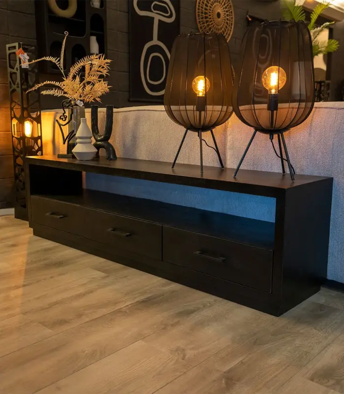Lucale Solid Mango Wood Floor Standing TV Unit (Mahogany Finish)