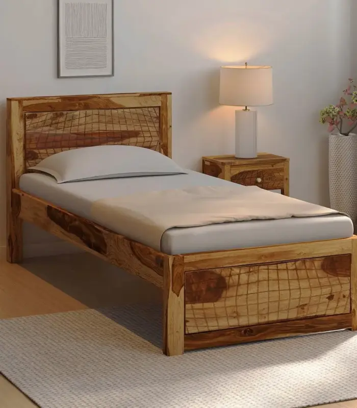 Newvo Sheesham Wood Single Bed without Storage (Rustic Teak Finish)