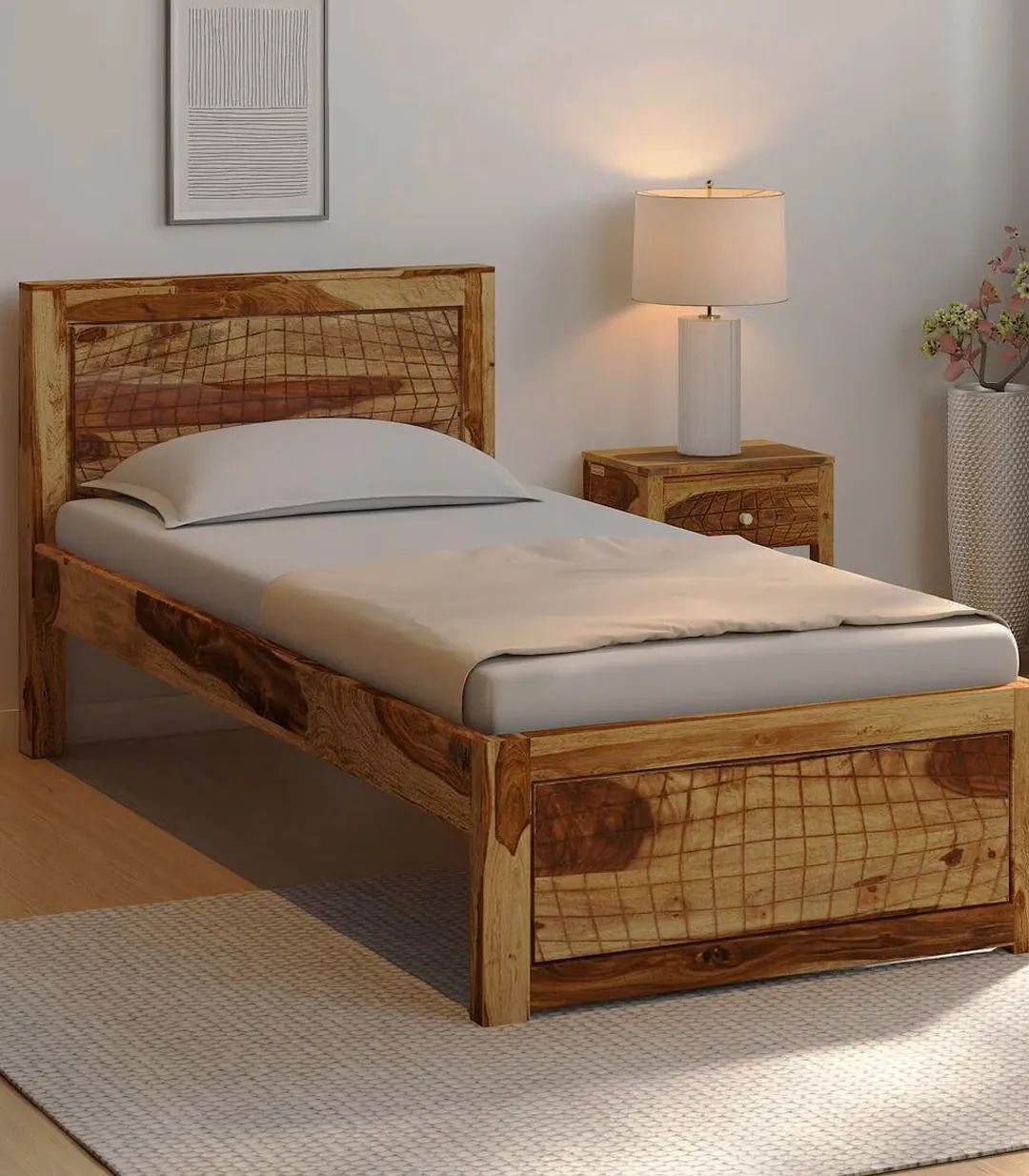 Newvo Sheesham Wood Single Bed without Storage (Rustic Teak Finish)