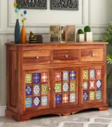 Roko Sheesham Wood Sideboard and Cabinet with Three Drawers (Honey Finish)