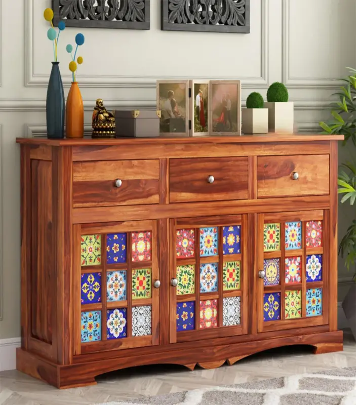 Roko Sheesham Wood Sideboard and Cabinet with Three Drawers (Honey Finish)