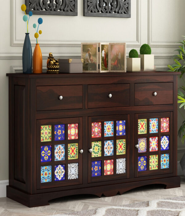 Boho Sheesham Wood Storage Cabinet Sideboard With Three Drawers