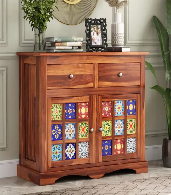 Roko Sheesham Wood Sideboard and Cabinet with Two Drawers (Honey Finish)