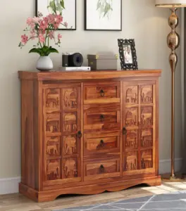 Embross Sheesham Wood Sideboard and Cabinet (Honey Finish)