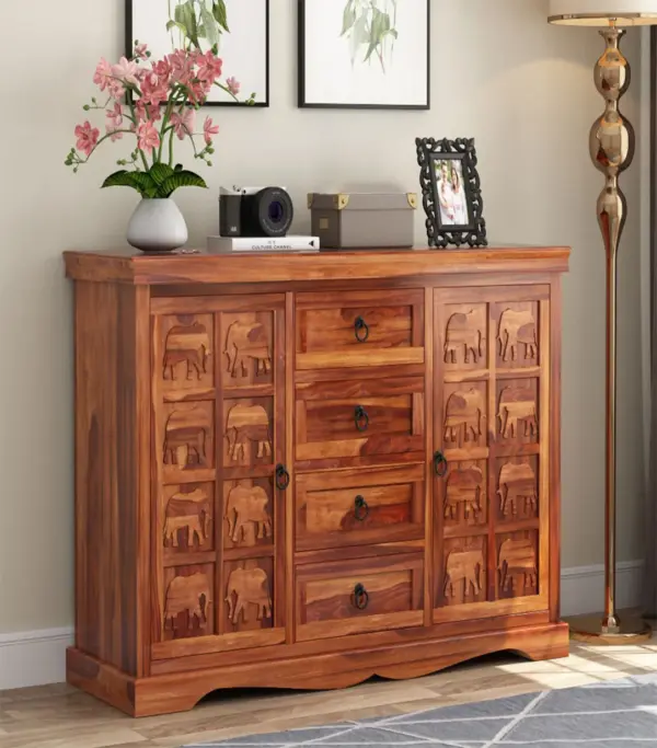 Embross Sheesham Wood Sideboard and Cabinet (Honey Finish)