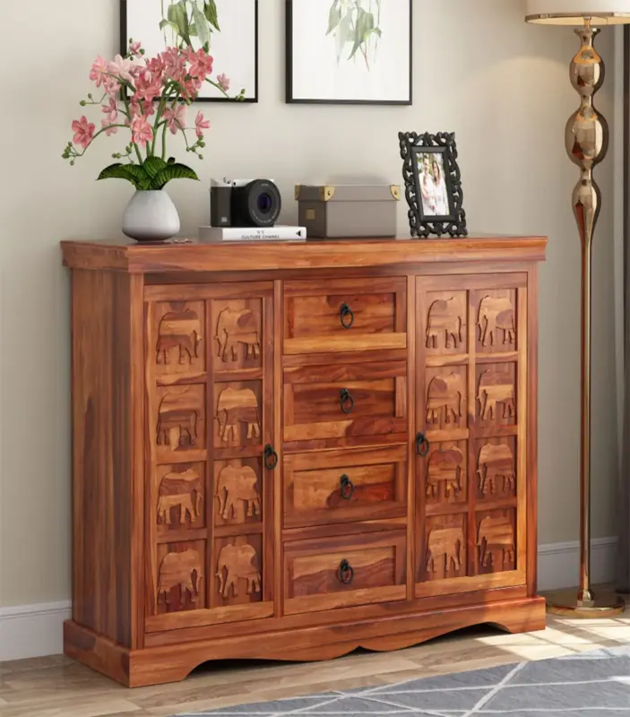 Embross Sheesham Wood Sideboard and Cabinet (Honey Finish)
