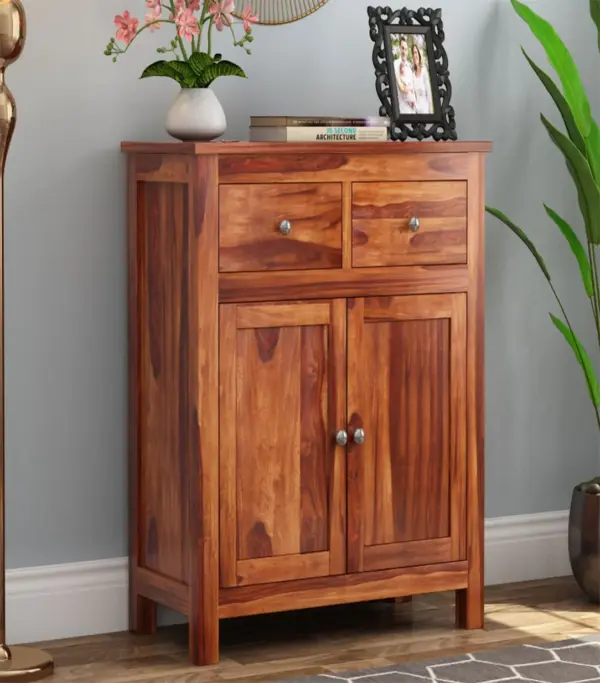 Clovid Sheesham Wood Cabinet with Two Drawers (Honey Finish)