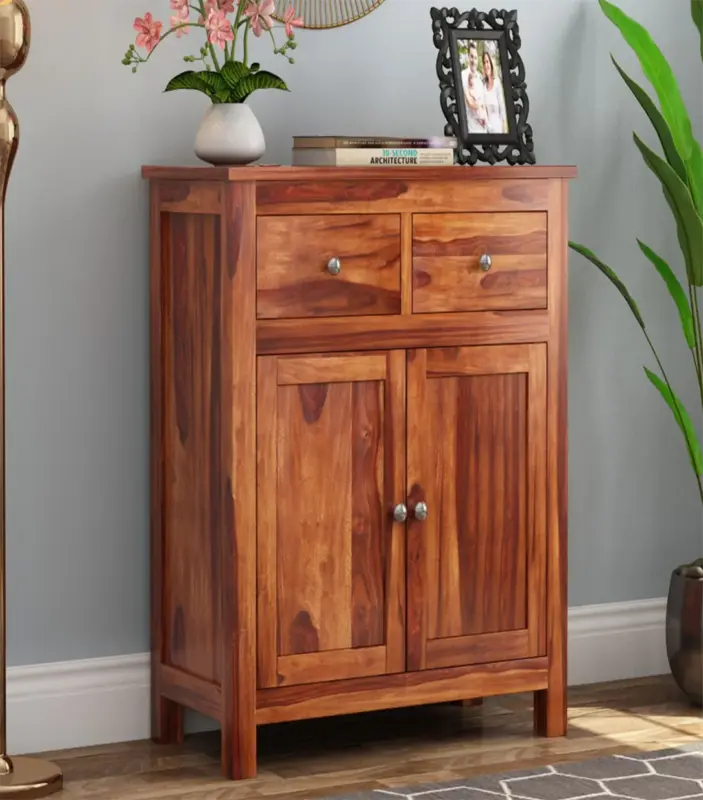 Clovid Sheesham Wood Cabinet with Two Drawers (Honey Finish)