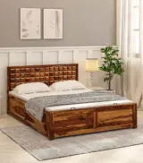 Turon Sheesham Wood Queen Size Bed with Hydraulic Box Storage (Provincial Teak Finish)