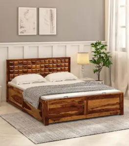 Turon Sheesham Wood Queen Size Bed with Hydraulic Box Storage (Provincial Teak Finish)