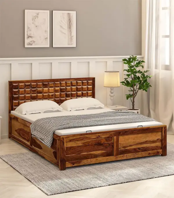 Turon Sheesham Wood Queen Size Bed with Hydraulic Box Storage (Provincial Teak Finish)