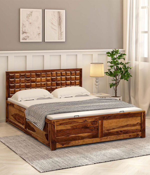 Turin Sheesham Wood Queen Size Bed In Provincial Teak With Hydraulic Storage