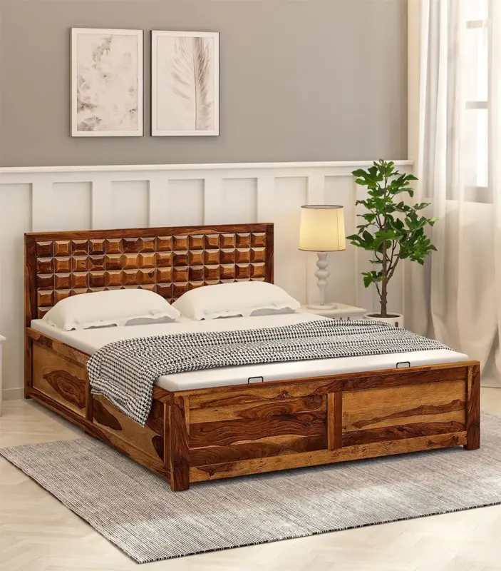 Turon Sheesham Wood Queen Size Bed with Hydraulic Box Storage (Provincial Teak Finish)
