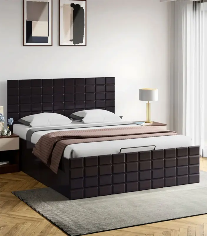 Euronic Sheesham Wood Queen Size Bed with Hydraulic Box Storage (Cola Rain Finish)