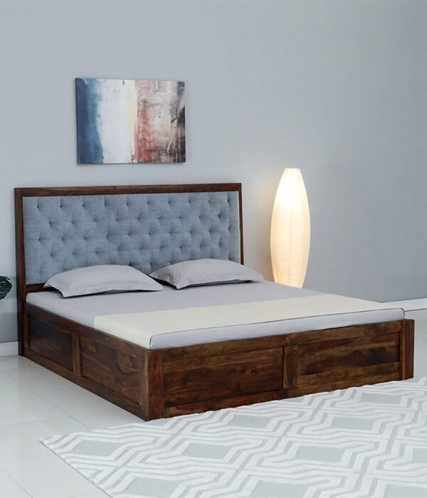 Orleans Upholstered Queen Size Bed in Scratch Resistant Provincial Teak Finish With Light Blue Upholstery & Box Storage