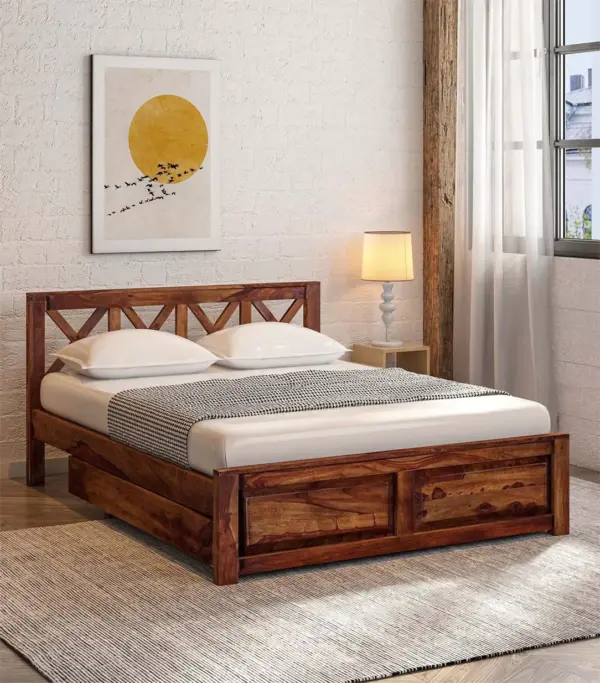 Krysys Sheesham Wood Queen Size Bed with Drawer Storage (Provincial Teak Finish)