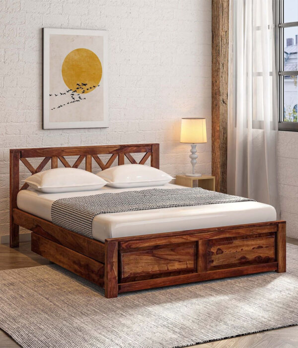 Kryss Sheesham Wood Queen Size Bed In Scratch Resistant Provincial Teak Finish With Drawer Storage