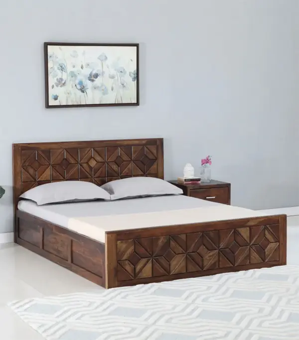 Chez Sheesham Wood Queen Size Bed with Box Storage (Provincial Teak Finish)