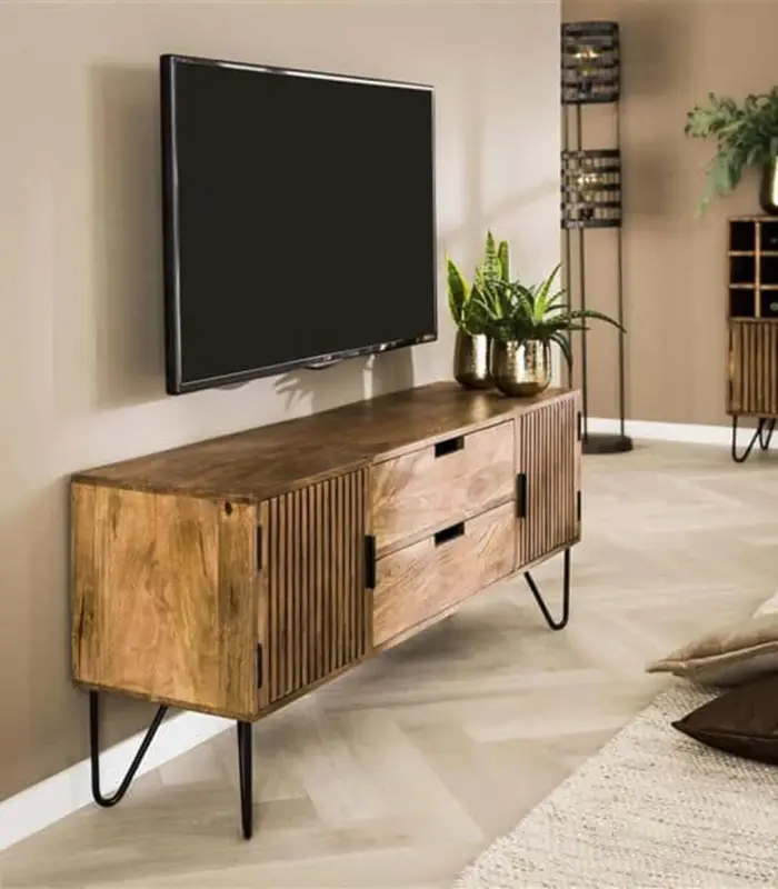 Passcal Solid Mango Wood Floor Standing TV Unit (Natural Finish)