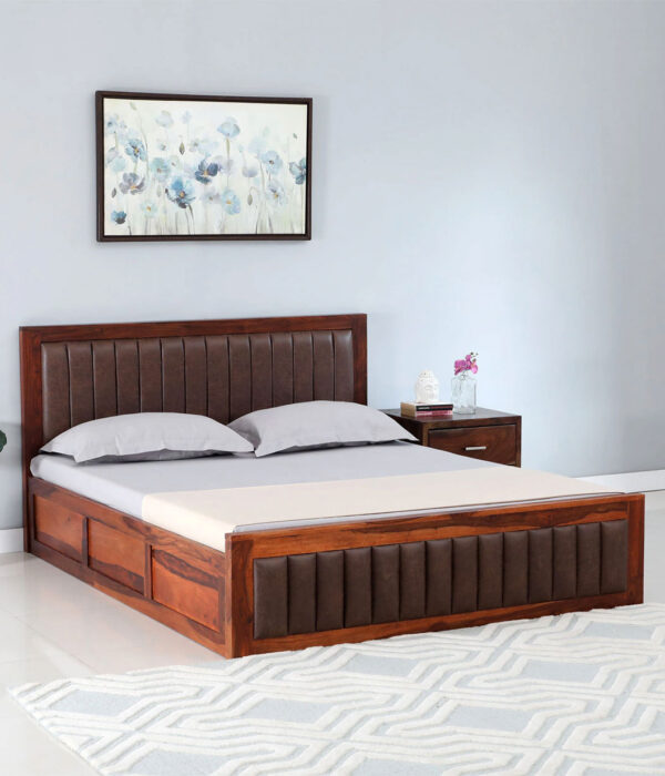 Dyjon Sheesham Wood Queen Size Bed with Box Storage (Honey Oak Finish)