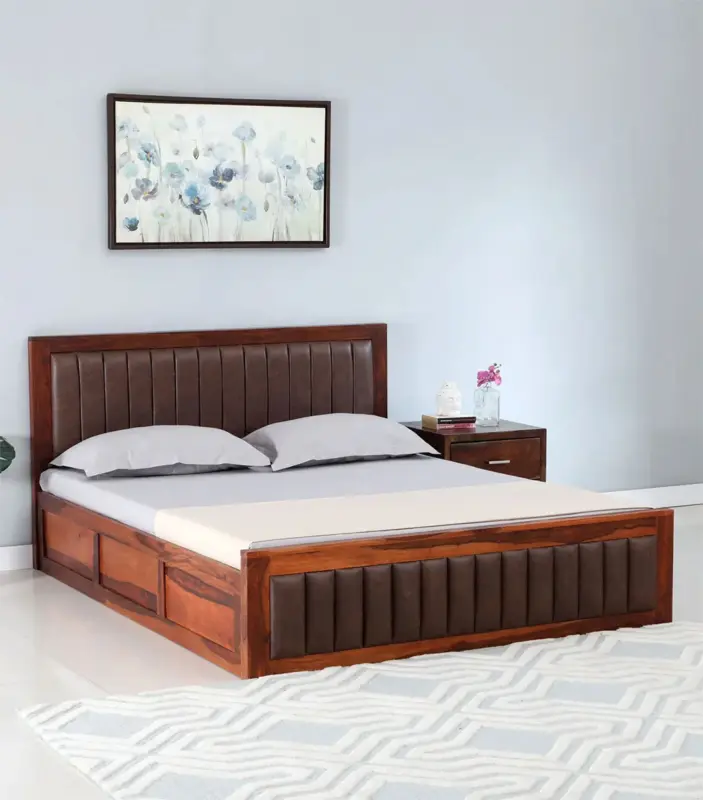 Dyjon Sheesham Wood Queen Size Bed with Box Storage (Honey Oak Finish)