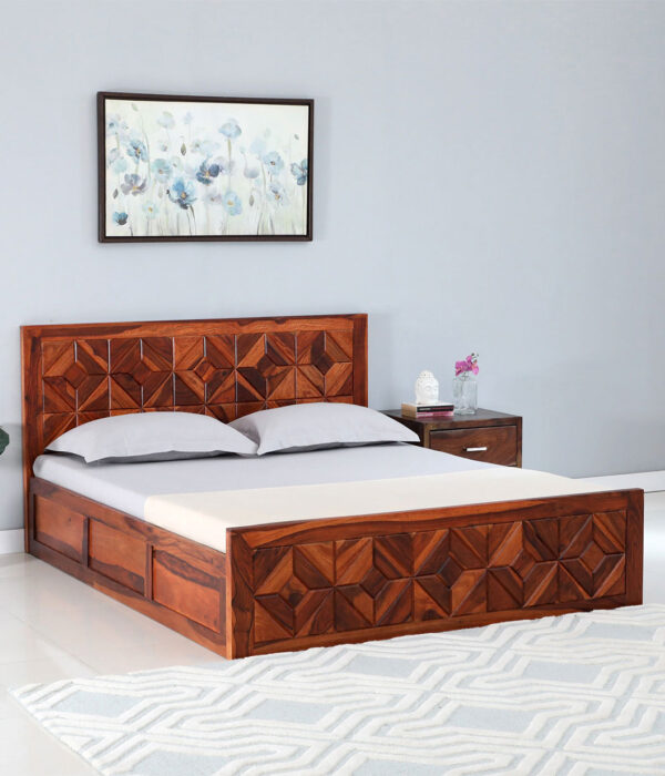 Chez Sheesham Wood Queen Size Bed with Box Storage (Honey Oak Finish)
