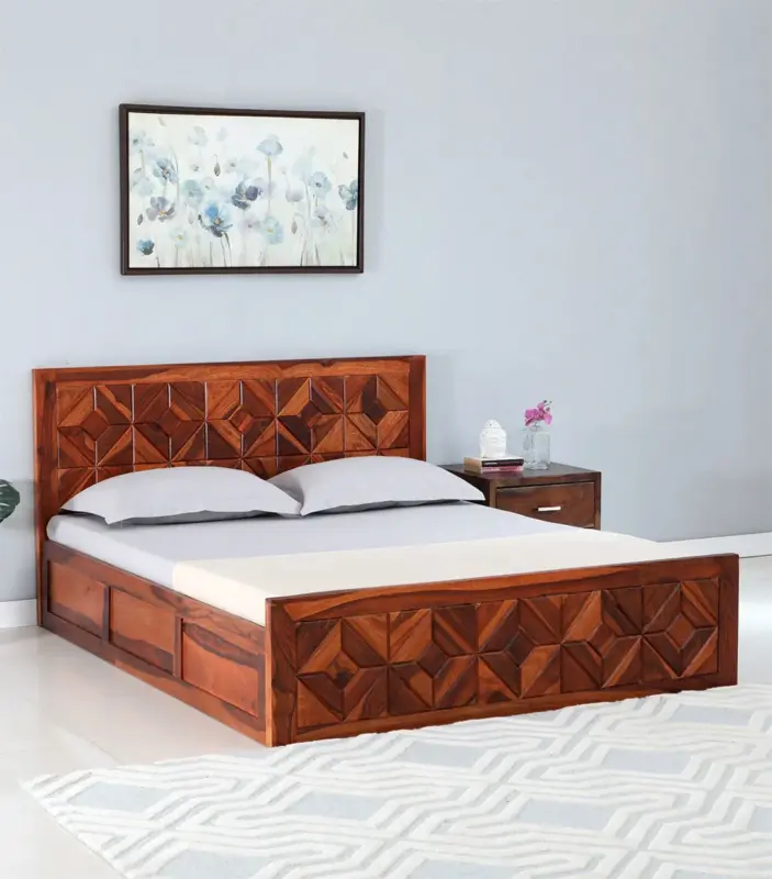Chez Sheesham Wood Queen Size Bed with Box Storage (Honey Oak Finish)
