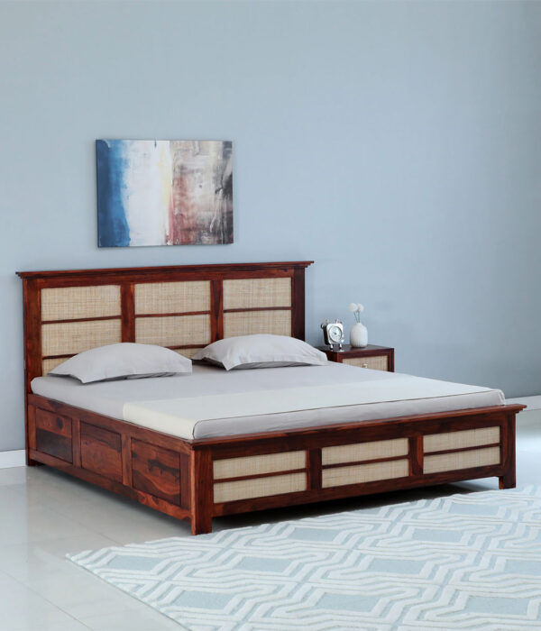 Adorf Sheesham Wood Queen Size Bed in Scratch Resistant Honey Oak Finish With Box Storage