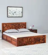 Bairon Sheesham Wood Queen Size Bed with Box Storage (Honey Oak Finish)