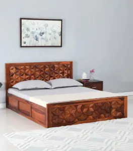 Bairon Sheesham Wood Queen Size Bed with Box Storage (Honey Oak Finish)