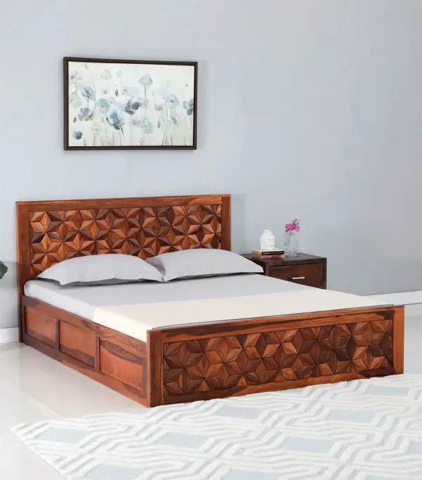 Bairon Sheesham Wood Queen Size Bed with Box Storage (Honey Oak Finish)