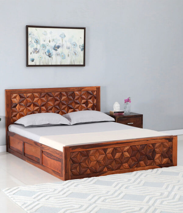 Bairon Sheesham Wood Queen Size Bed with Box Storage (Honey Oak Finish)