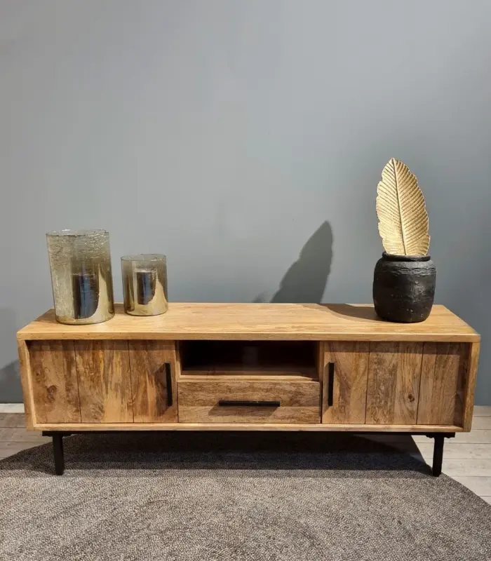 Jaydon Solid Mango Wood with Metal Stand Floor Standing TV Unit (Natural Finish)