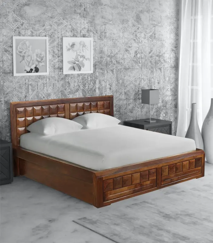 Woodrows Sheesham Wood Queen Size Bed with Box storage (Honey Finish)