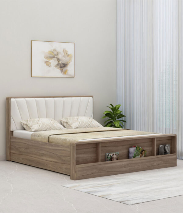 Cassandra Queen Size Upholstered Bed in Bella Noce & Glossy White Colour with Hydraulic Storage