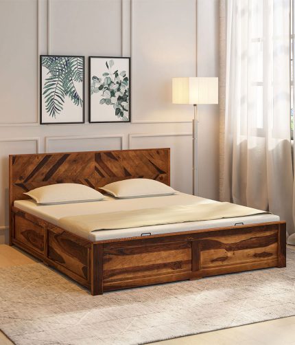 Turin Sheesham Wood Queen Size Bed In Provincial Teak Finish With Hydraulic