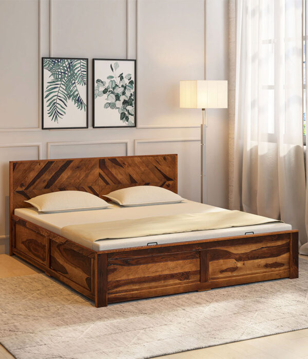 Turin Sheesham Wood Queen Size Bed In Provincial Teak Finish With Hydraulic